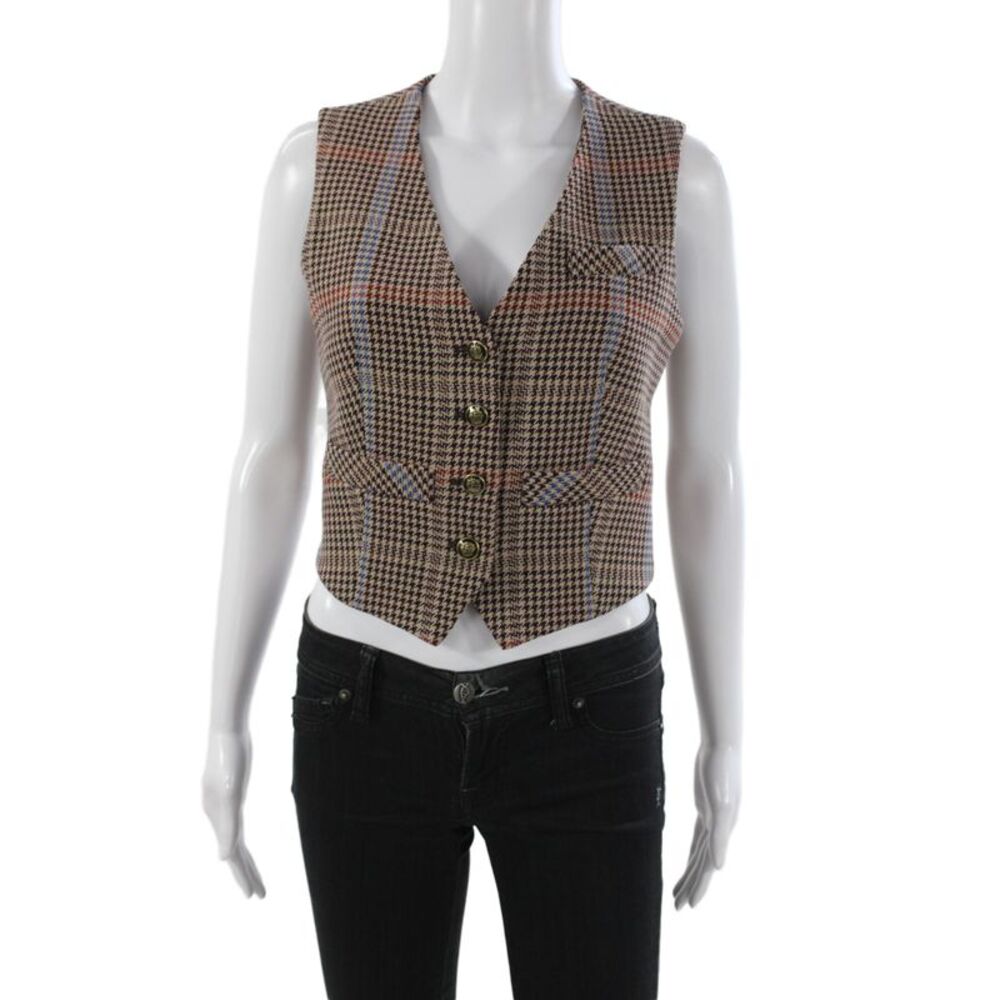 Veronica Beard Womens Plaid Brown Button V Neck Vest Designer Size 0